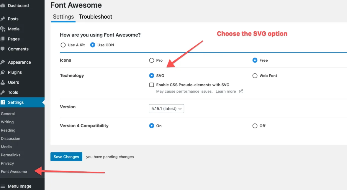 Definições do plugin FontAwesome