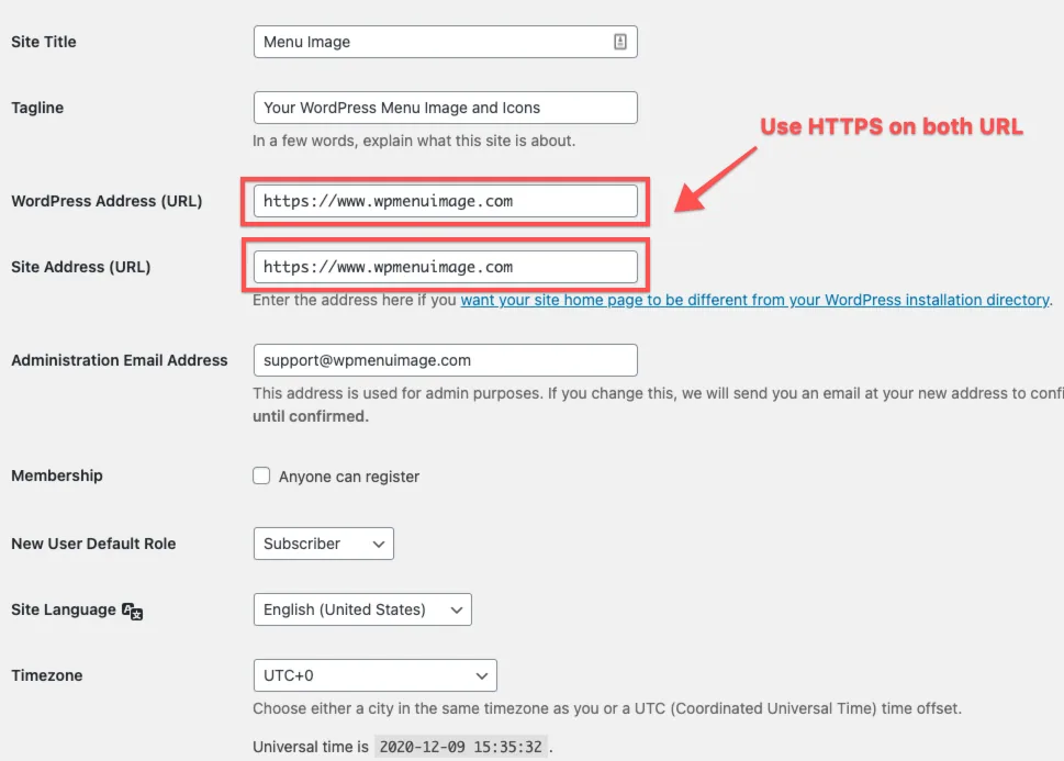 Endereços do site com HTTPS nas definições gerais