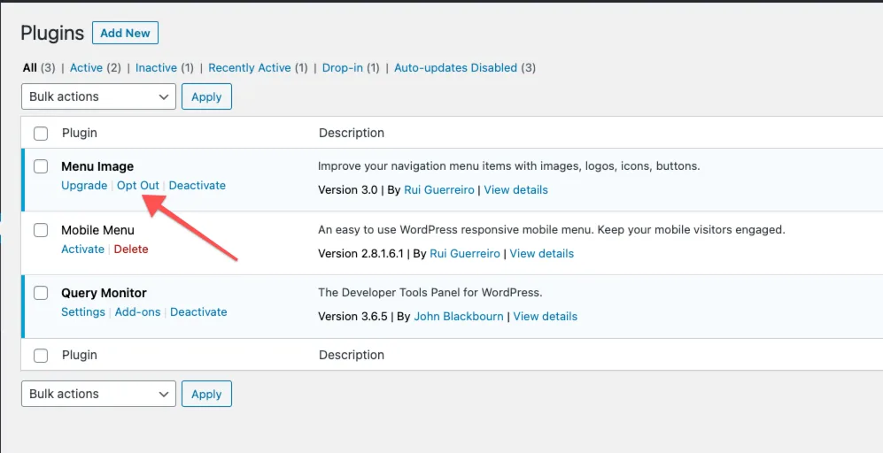 Link Opt Out na lista de plugins